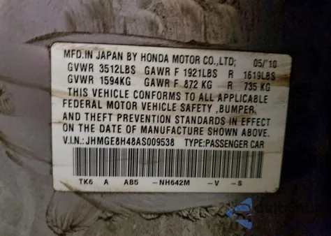 2010 Honda Fit Sport из США, поврежденный, VIN JHMGE8H48AS009538